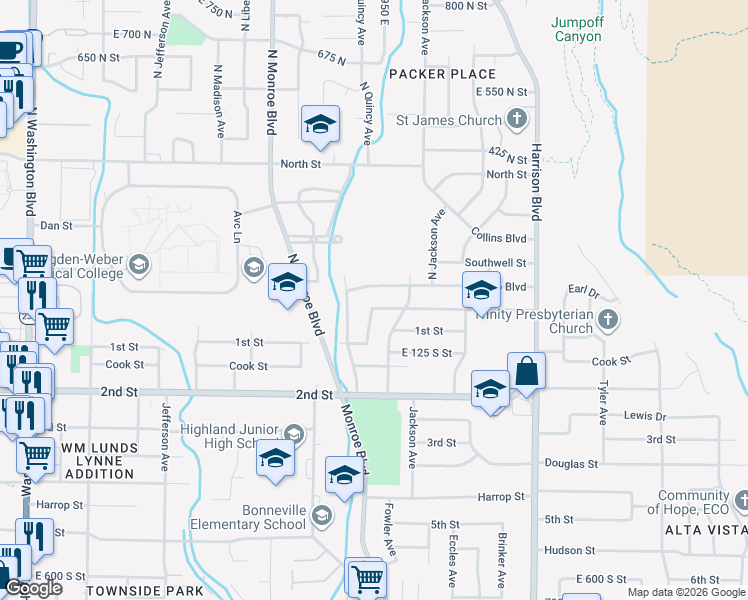 map of restaurants, bars, coffee shops, grocery stores, and more near 142 North Quincy Avenue in Ogden