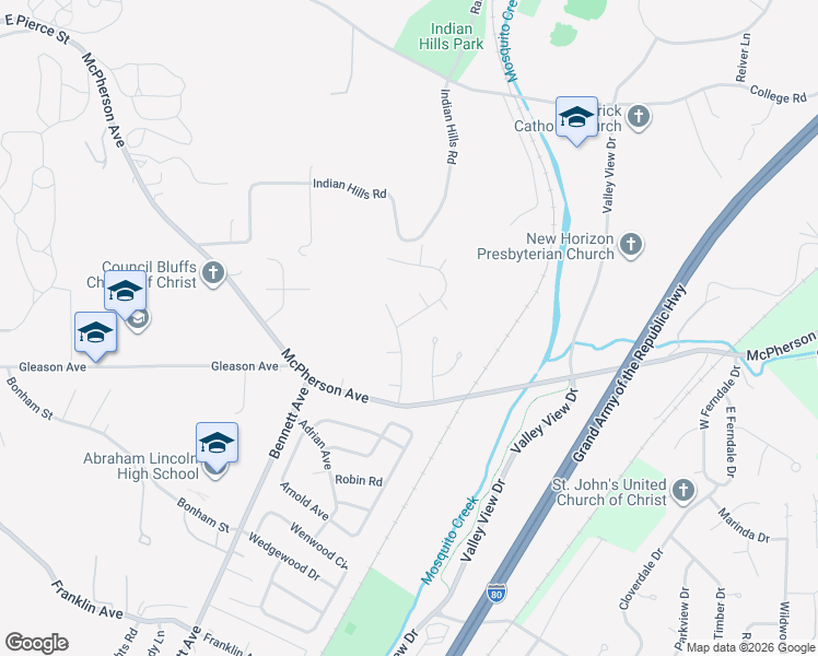map of restaurants, bars, coffee shops, grocery stores, and more near 134 Shevi Drive in Council Bluffs