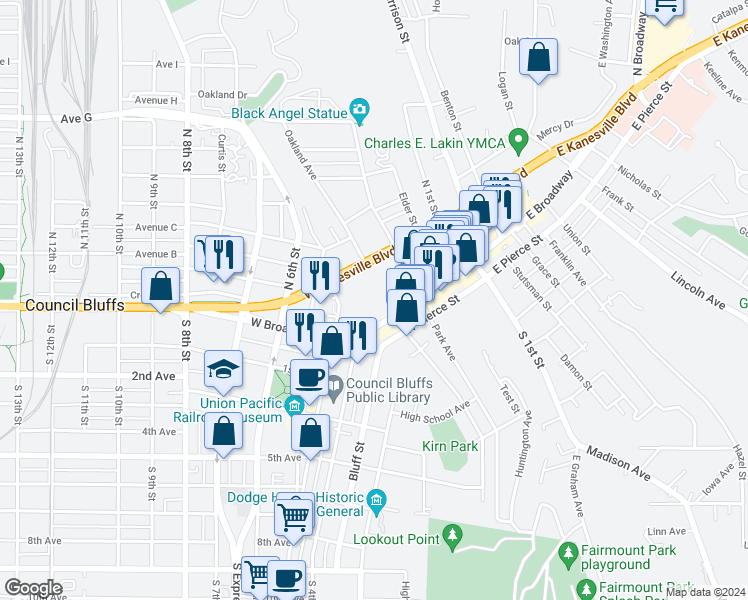 map of restaurants, bars, coffee shops, grocery stores, and more near 300 West Broadway in Council Bluffs