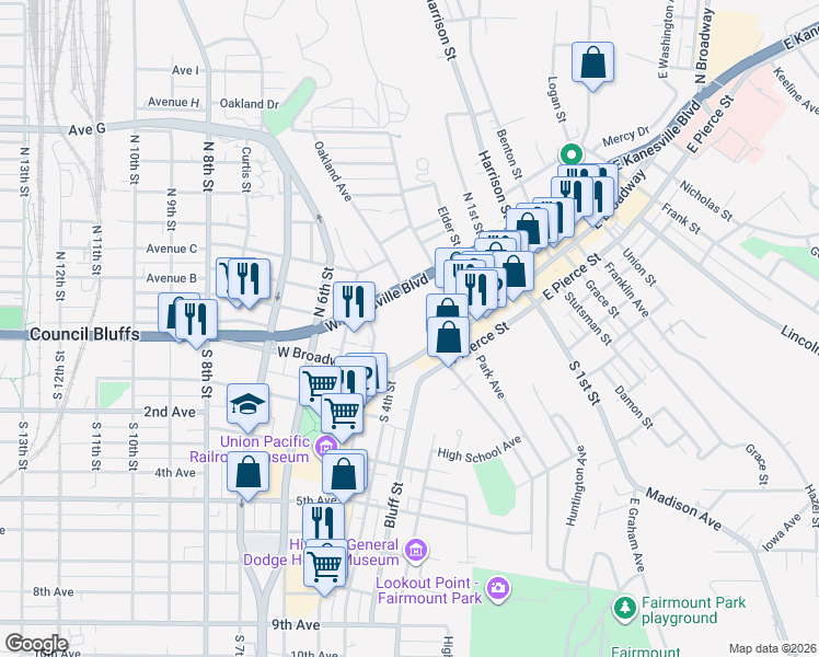 map of restaurants, bars, coffee shops, grocery stores, and more near 300 West Broadway in Council Bluffs