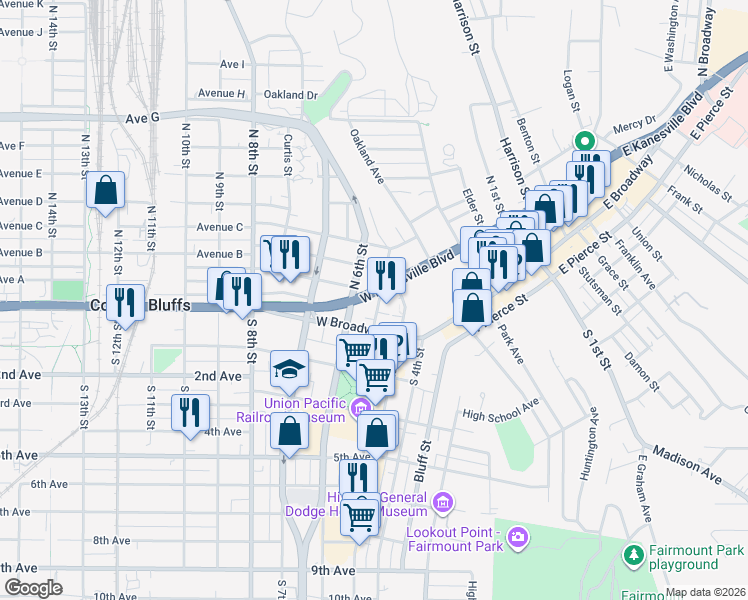 map of restaurants, bars, coffee shops, grocery stores, and more near 532 West Kanesville Boulevard in Council Bluffs