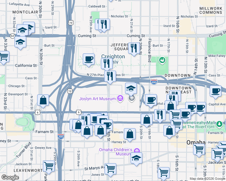 map of restaurants, bars, coffee shops, grocery stores, and more near 2224 Davenport Street in Omaha