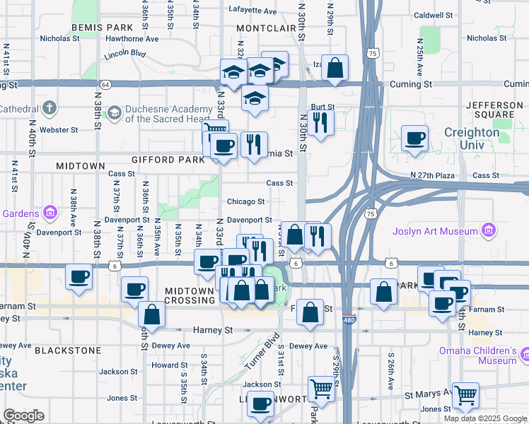 map of restaurants, bars, coffee shops, grocery stores, and more near 3166 Davenport Street in Omaha