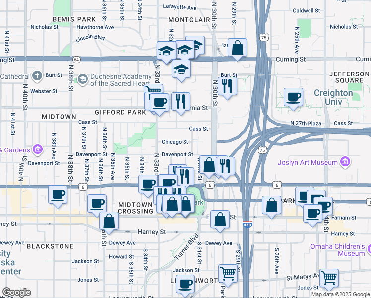 map of restaurants, bars, coffee shops, grocery stores, and more near 3166 Davenport Street in Omaha