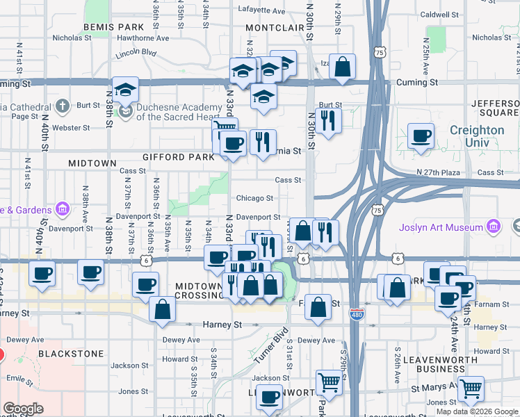 map of restaurants, bars, coffee shops, grocery stores, and more near 3166 Davenport Street in Omaha