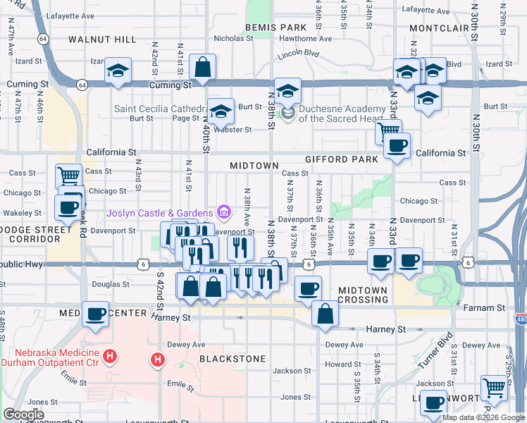 map of restaurants, bars, coffee shops, grocery stores, and more near 3815 Chicago Street in Omaha