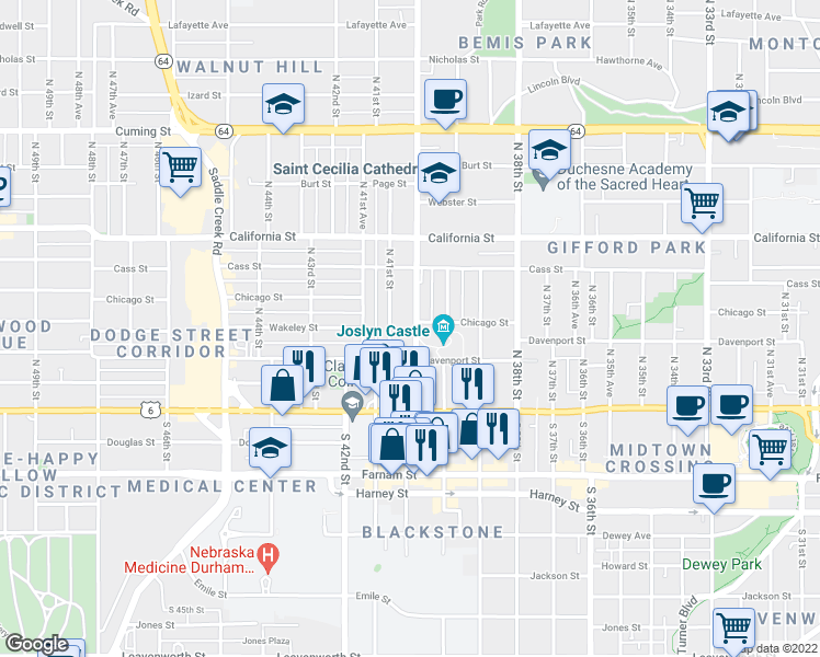 map of restaurants, bars, coffee shops, grocery stores, and more near 6 North 40th Street in Omaha