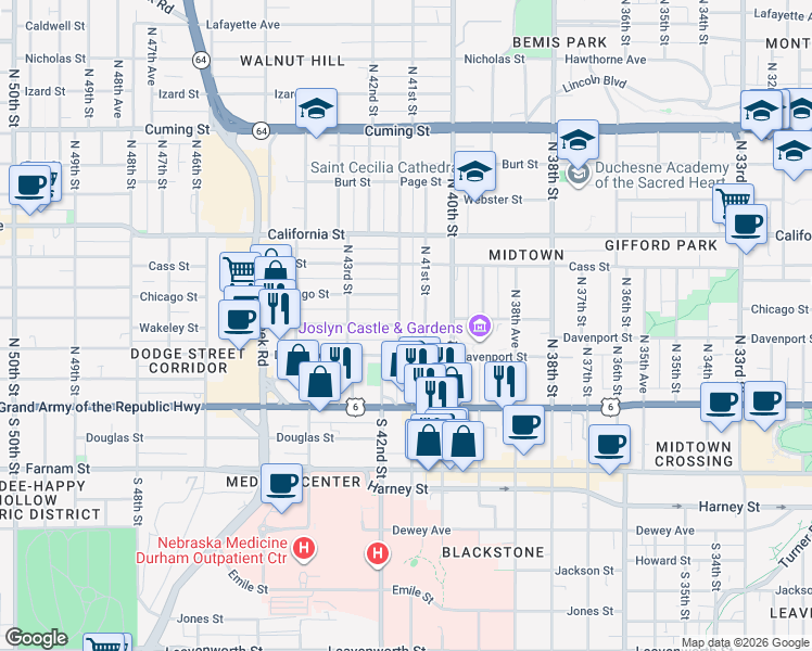 map of restaurants, bars, coffee shops, grocery stores, and more near 322 North 41st Street in Omaha