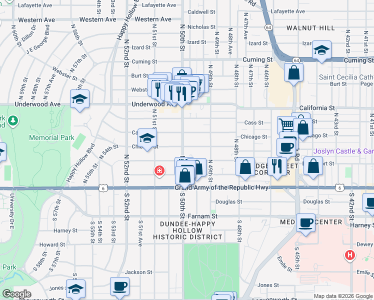 map of restaurants, bars, coffee shops, grocery stores, and more near 4919 Chicago Street in Omaha
