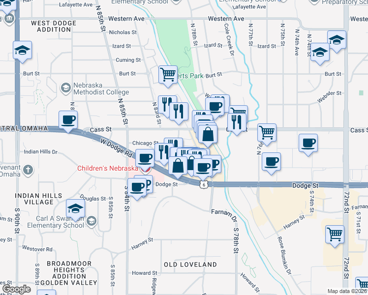 map of restaurants, bars, coffee shops, grocery stores, and more near 7820 Wakeley Plaza in Omaha