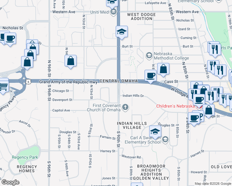 map of restaurants, bars, coffee shops, grocery stores, and more near 328 North 90th Street in Omaha