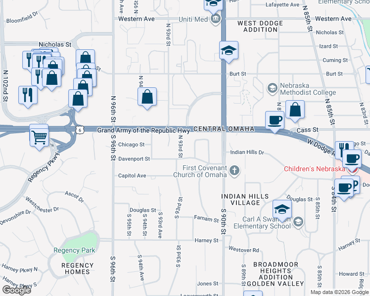 map of restaurants, bars, coffee shops, grocery stores, and more near 318 North 92nd Street in Omaha