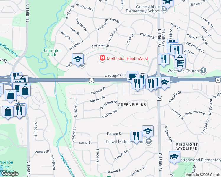 map of restaurants, bars, coffee shops, grocery stores, and more near 16023 Chicago Street in Omaha