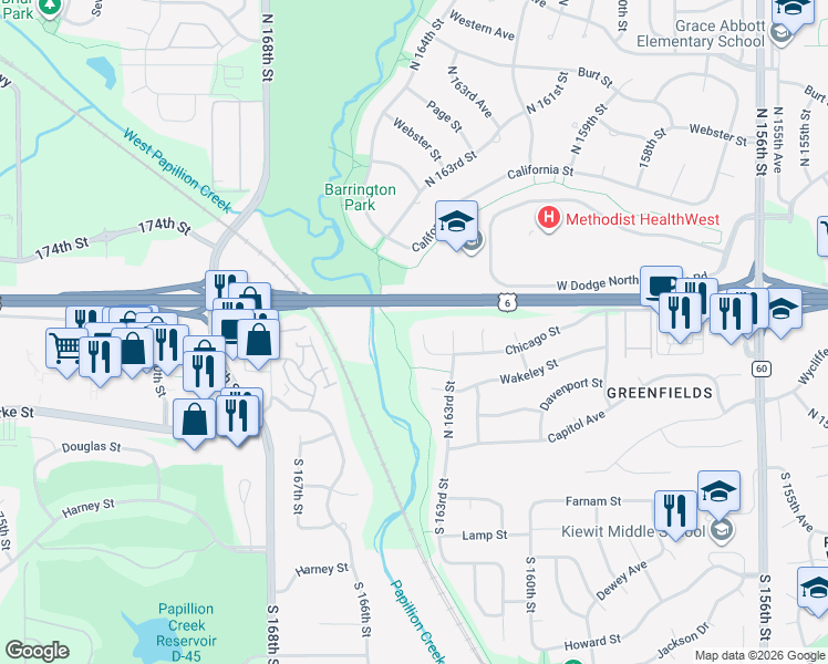 map of restaurants, bars, coffee shops, grocery stores, and more near 16338 Chicago Circle in Omaha