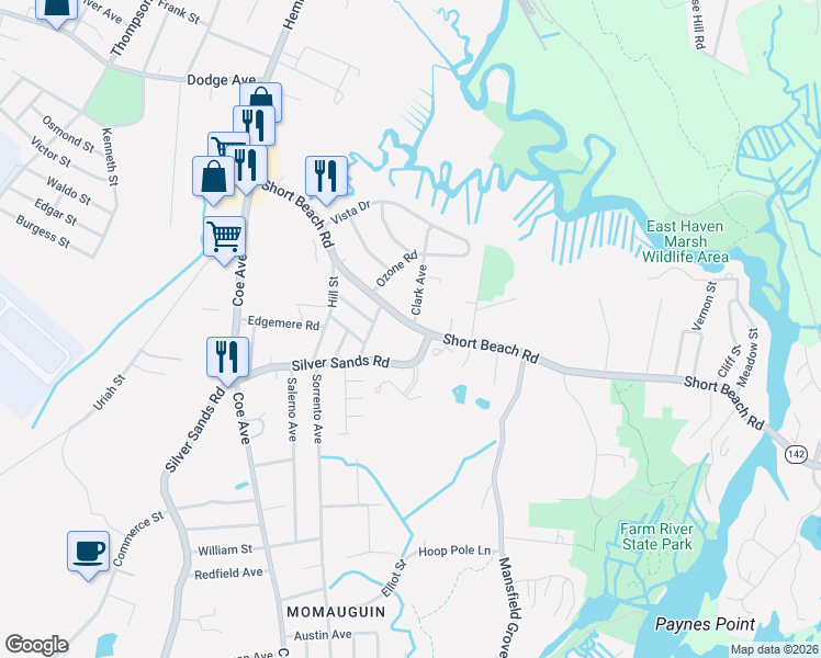 map of restaurants, bars, coffee shops, grocery stores, and more near 330 Short Beach Road in East Haven
