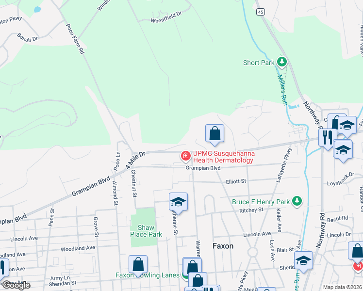map of restaurants, bars, coffee shops, grocery stores, and more near 1185 4 Mile Drive in Williamsport