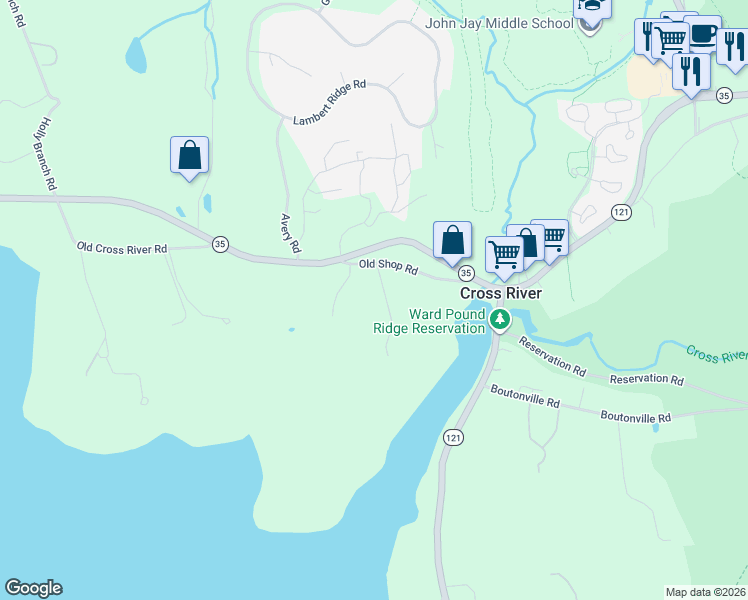 map of restaurants, bars, coffee shops, grocery stores, and more near 3 Old Shop Road in Cross River