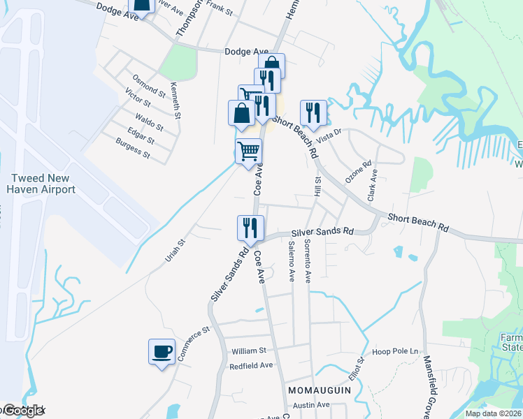map of restaurants, bars, coffee shops, grocery stores, and more near 439 Coe Avenue in East Haven
