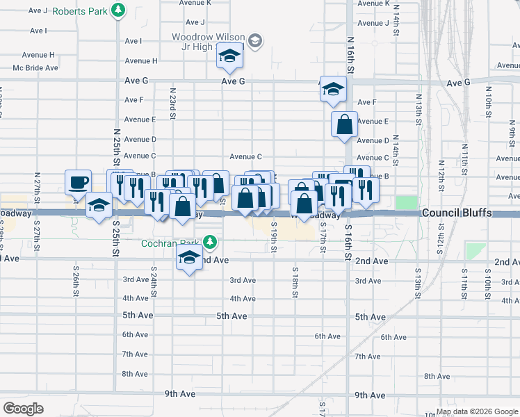 map of restaurants, bars, coffee shops, grocery stores, and more near 1900 U.S. 6 in Council Bluffs