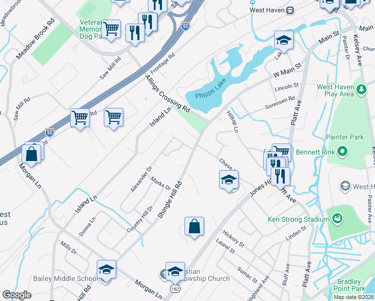 map of restaurants, bars, coffee shops, grocery stores, and more near 2 Marydale Road in West Haven