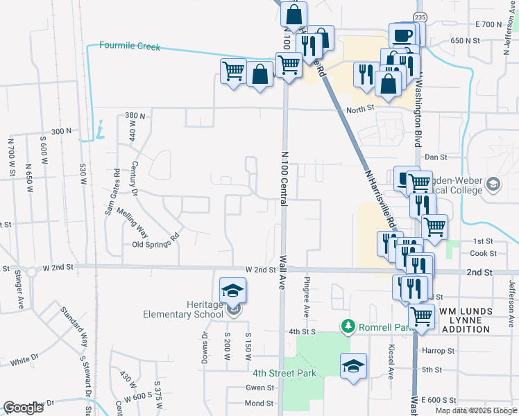 map of restaurants, bars, coffee shops, grocery stores, and more near 156 140 North in Ogden