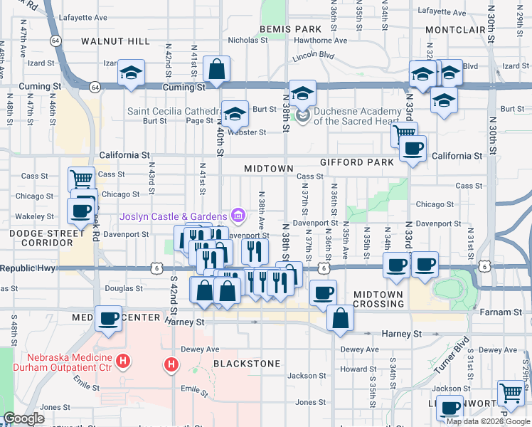 map of restaurants, bars, coffee shops, grocery stores, and more near 3815 Chicago Street in Omaha