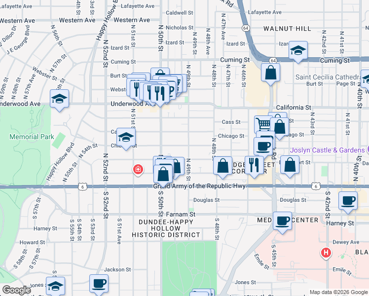 map of restaurants, bars, coffee shops, grocery stores, and more near 4903 Chicago Street in Omaha