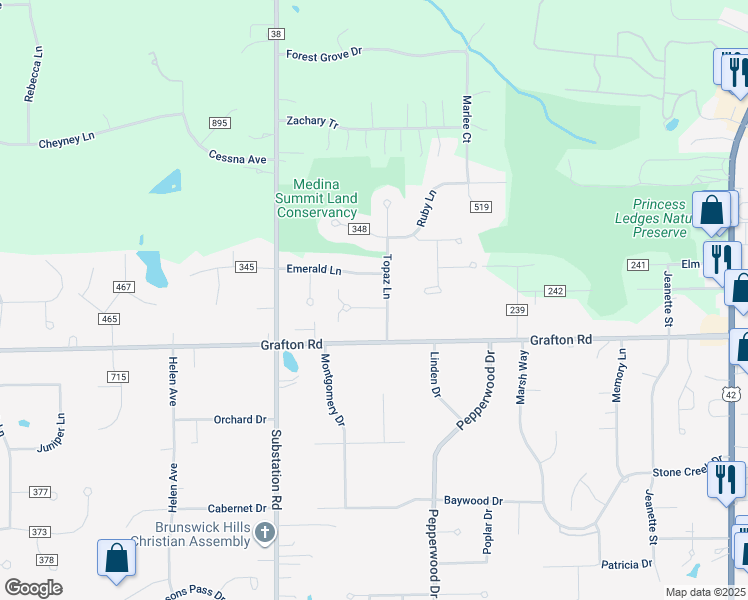 map of restaurants, bars, coffee shops, grocery stores, and more near 526 Topaz Lane in Brunswick