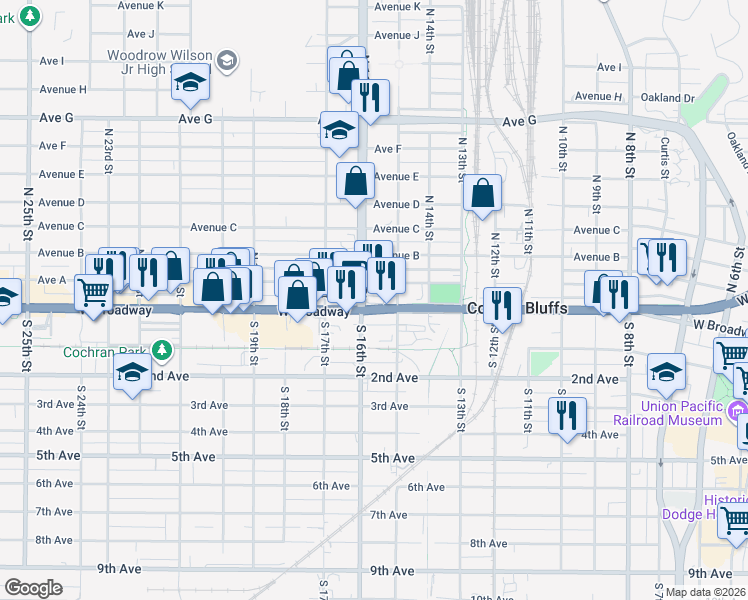 map of restaurants, bars, coffee shops, grocery stores, and more near 7 North 16th Street in Council Bluffs