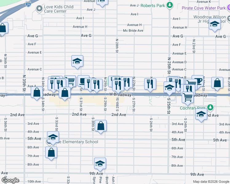 map of restaurants, bars, coffee shops, grocery stores, and more near in Council Bluffs