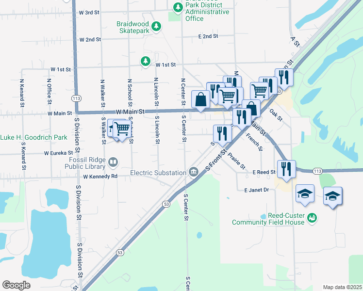 map of restaurants, bars, coffee shops, grocery stores, and more near 238 South Center Street in Braidwood