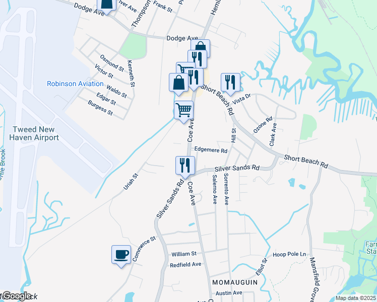 map of restaurants, bars, coffee shops, grocery stores, and more near 439 Coe Avenue in East Haven