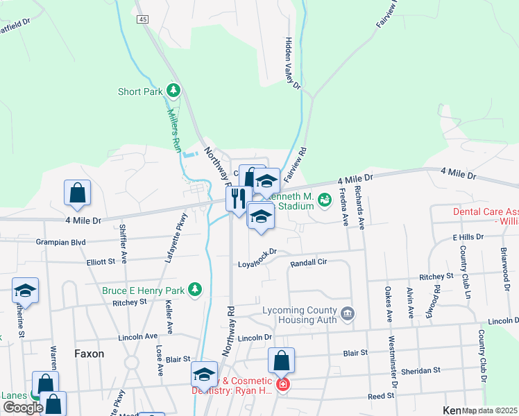 map of restaurants, bars, coffee shops, grocery stores, and more near 1724 4 Mile Drive in Williamsport