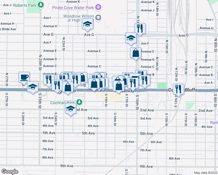 map of restaurants, bars, coffee shops, grocery stores, and more near 1800 West Broadway in Council Bluffs