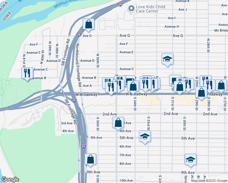 map of restaurants, bars, coffee shops, grocery stores, and more near 3514 West Broadway in Council Bluffs