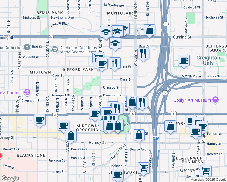map of restaurants, bars, coffee shops, grocery stores, and more near 3166 Davenport Street in Omaha