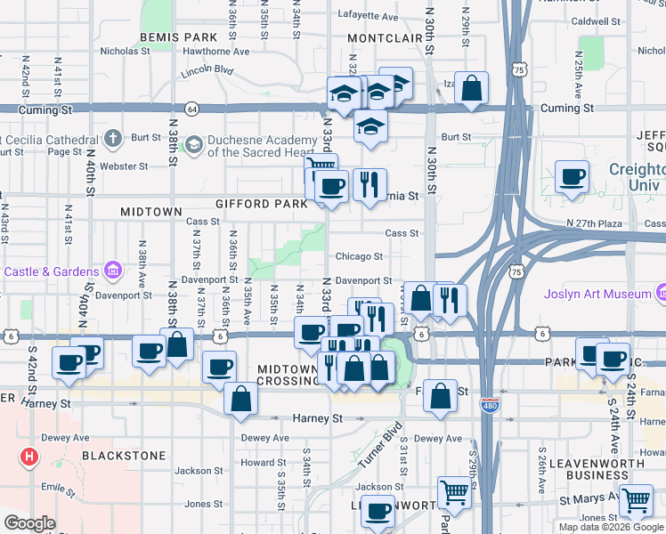 map of restaurants, bars, coffee shops, grocery stores, and more near 3270 Davenport Street in Omaha