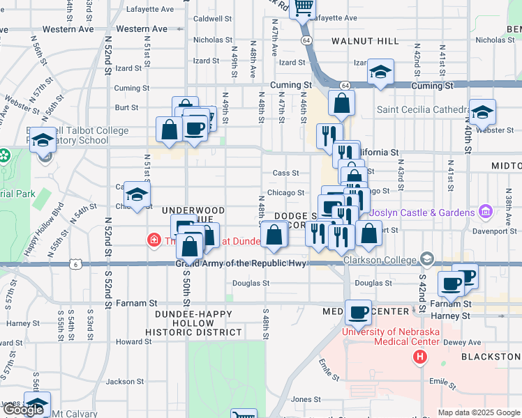 map of restaurants, bars, coffee shops, grocery stores, and more near 4719 Wakeley Street in Omaha