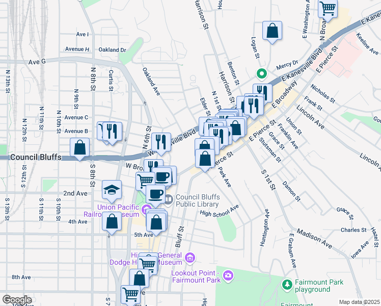 map of restaurants, bars, coffee shops, grocery stores, and more near 300 West Broadway in Council Bluffs