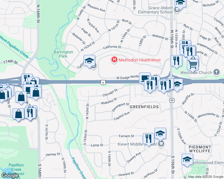 map of restaurants, bars, coffee shops, grocery stores, and more near 16110 Chicago Street in Omaha