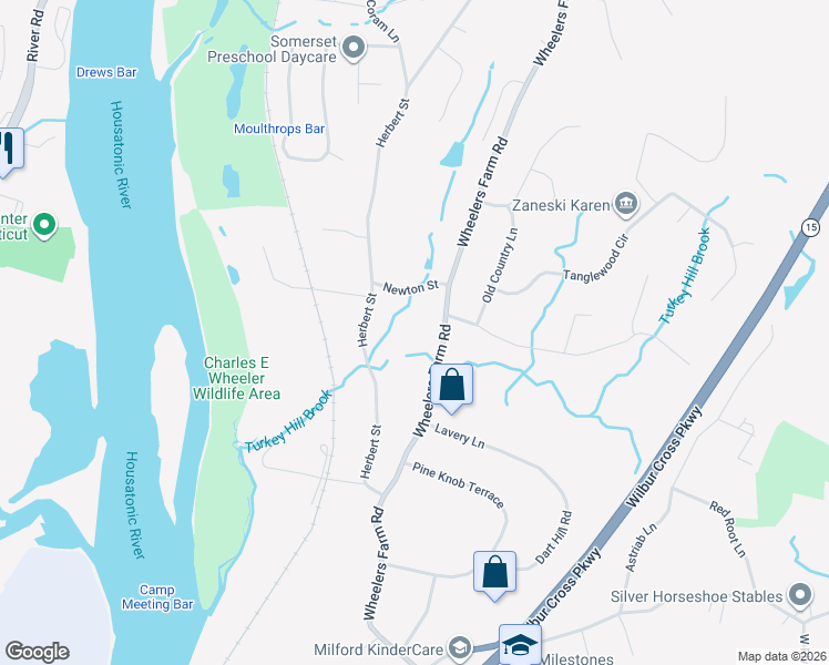 map of restaurants, bars, coffee shops, grocery stores, and more near 918 Wheelers Farm Road in Milford