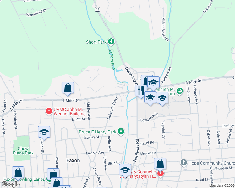 map of restaurants, bars, coffee shops, grocery stores, and more near 1898 Lafayette Parkway in Williamsport