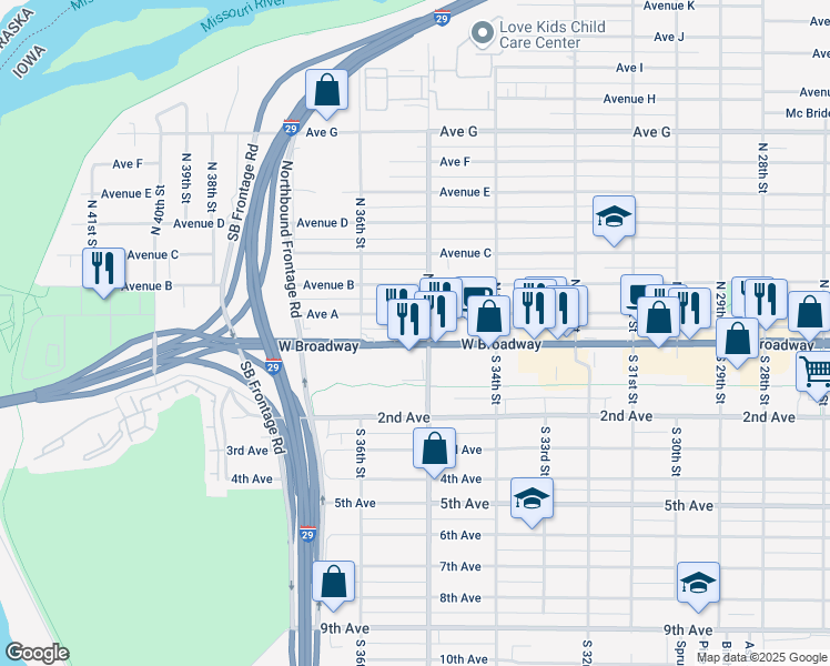 map of restaurants, bars, coffee shops, grocery stores, and more near 3514 West Broadway in Council Bluffs