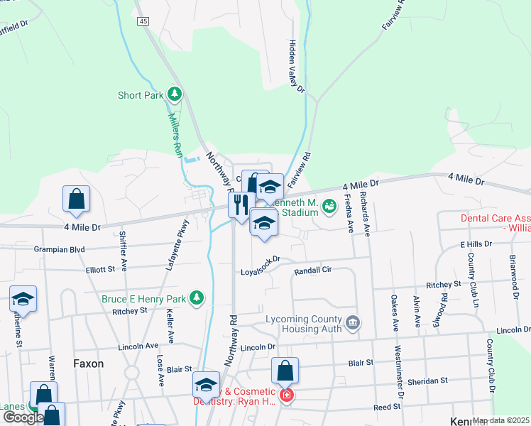 map of restaurants, bars, coffee shops, grocery stores, and more near 1724 4 Mile Drive in Williamsport
