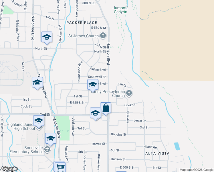 map of restaurants, bars, coffee shops, grocery stores, and more near 165 North Harrison Boulevard in Ogden