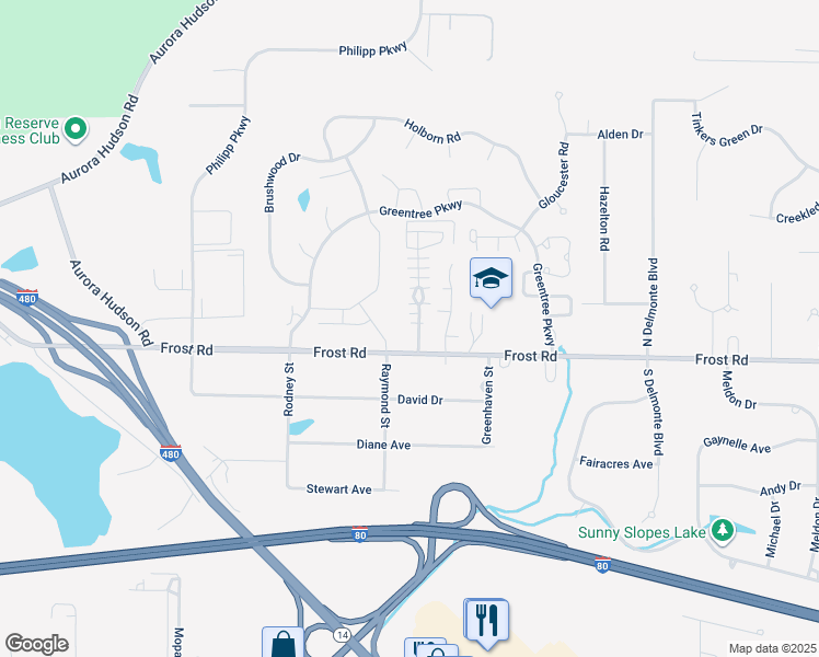map of restaurants, bars, coffee shops, grocery stores, and more near 815 Frost Road in Streetsboro