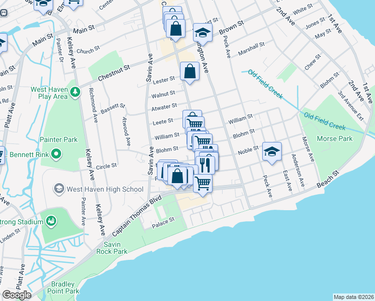 map of restaurants, bars, coffee shops, grocery stores, and more near 269 Noble Street in West Haven