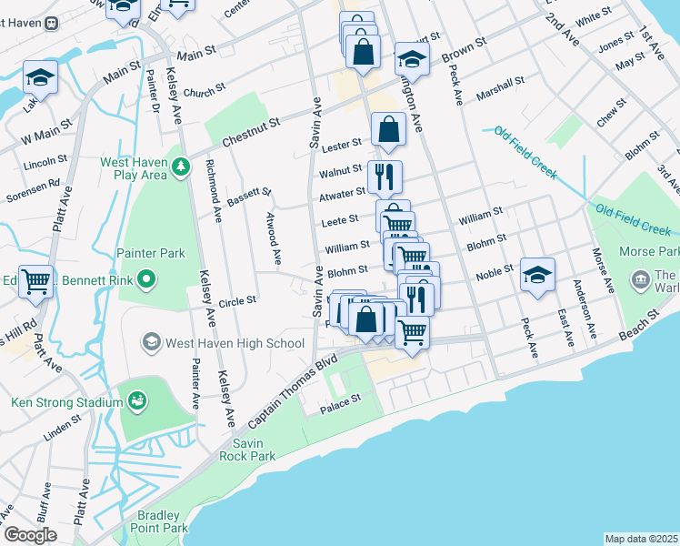 map of restaurants, bars, coffee shops, grocery stores, and more near 452 Blohm Street in West Haven