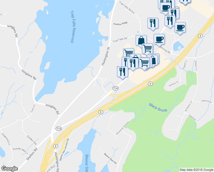 map of restaurants, bars, coffee shops, grocery stores, and more near 100 Avalon Drive in Shelton