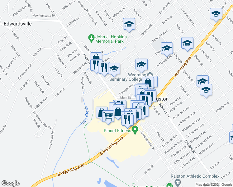 map of restaurants, bars, coffee shops, grocery stores, and more near 341 Main Street in Edwardsville
